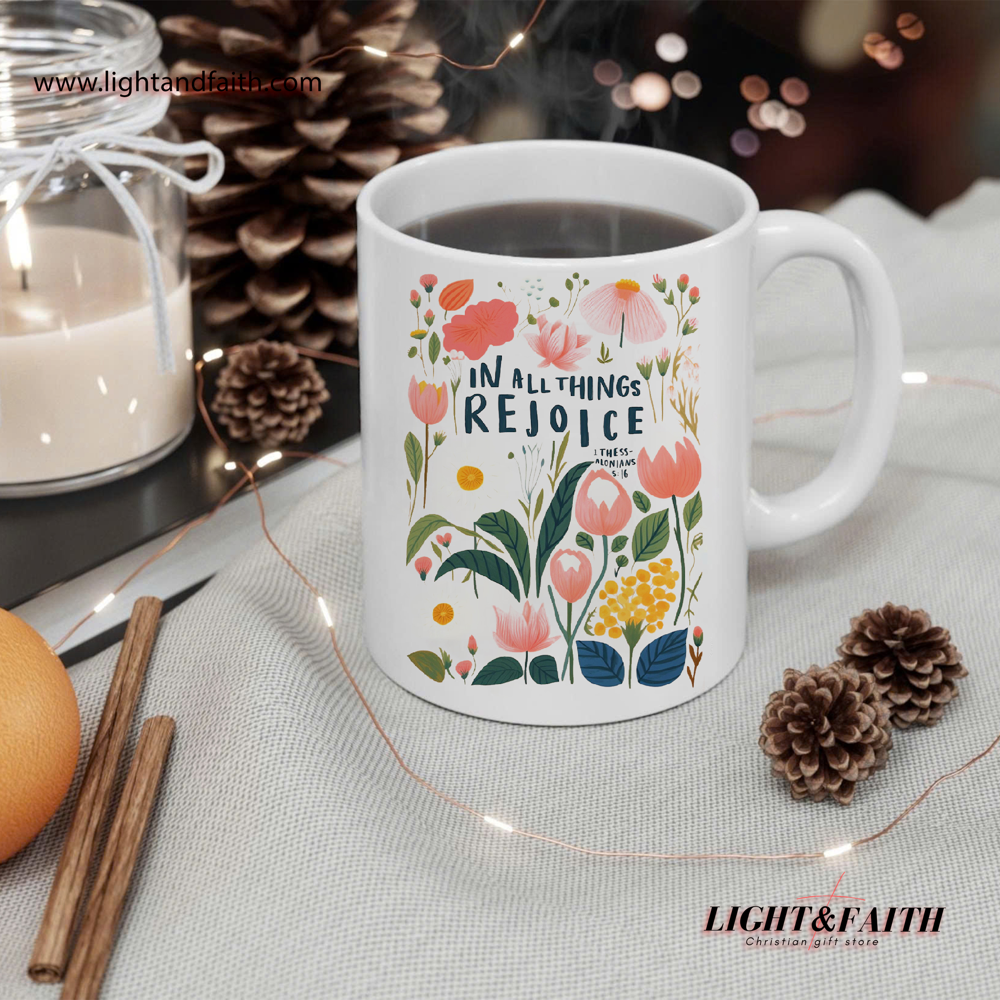 In All Things Rejoice Mug – 1 Thessalonians 516 Scripture Coffee Cup, Floral Christian Mug, Inspirational Bible Verse Gift MULAF03